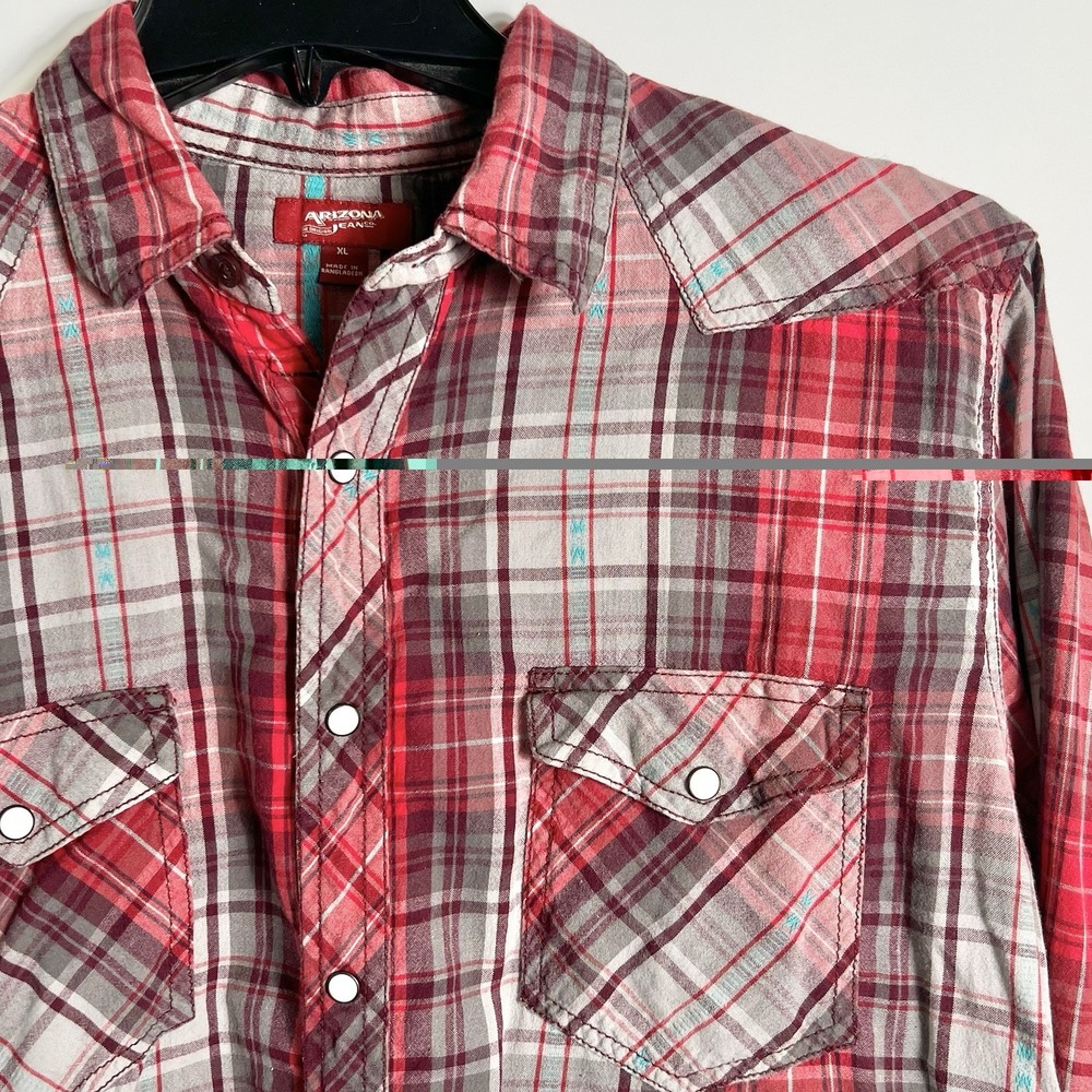 Arizona Jean Co. Mens XL Plaid Western Snap Shirt Red‎ Gray 100% Cotton READ